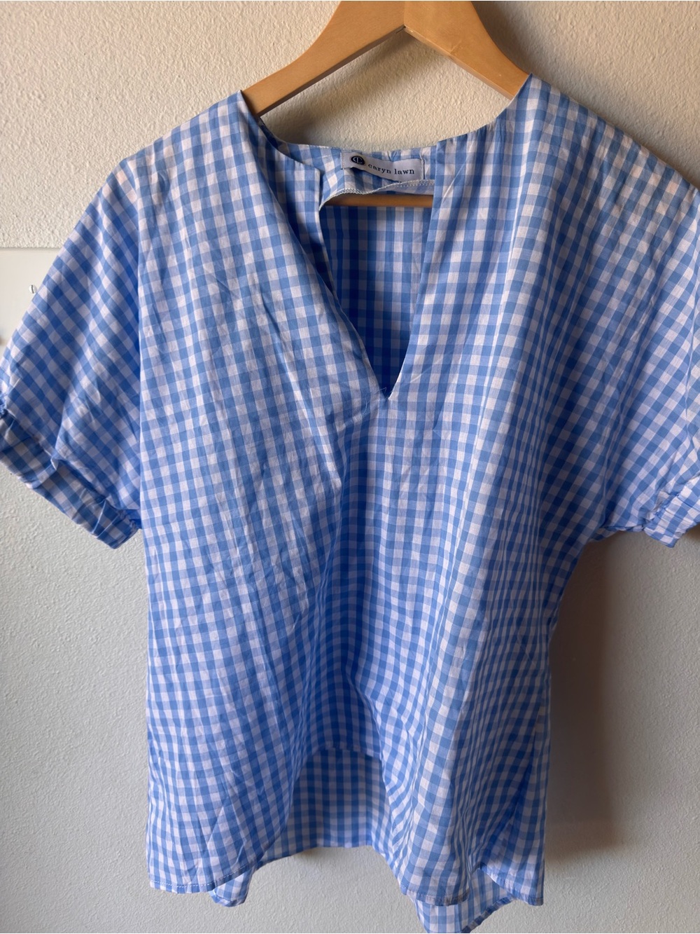 Gingham Short-Sleeve Split-Neck Top - Light Blue - Caryn Lawn
